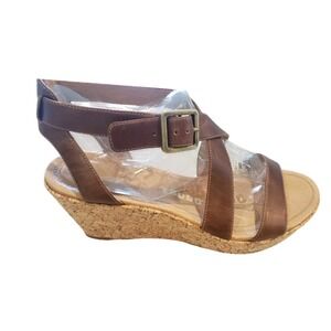 Tsubo Womens Brown Leather Cork Wedge Sandals Strappy Buckle 1005828-BOUR Size 8